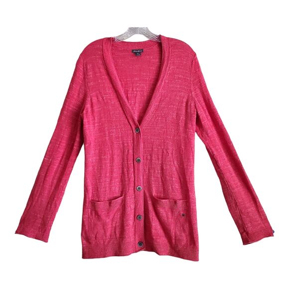 EDDIE BAUER Women's M Cardigan Sweater Salmon Pink V Neck Button Up Bust 40" - Picture 1 of 8